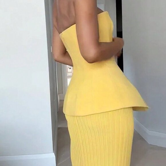Yellow Elegant Women's Waist Cinching Strapless Top And Matching Skirt Set - Picture 4 of 5